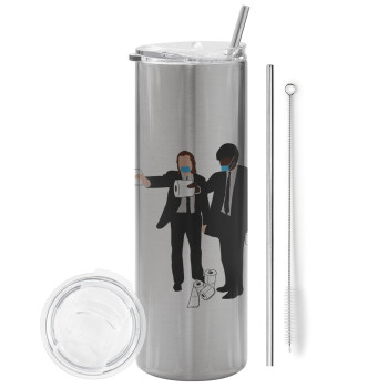 Pulp Fiction 3 meter away, Eco friendly stainless steel Silver tumbler 600ml, with metal straw & cleaning brush