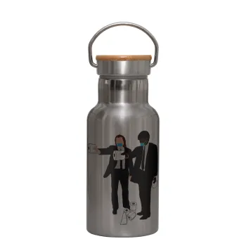 Pulp Fiction 3 meter away, Stainless steel metallic thermos flask, silver with a bamboo lid, double-walled, 350ml.
