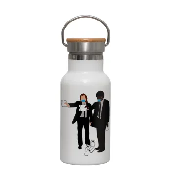 Pulp Fiction 3 meter away, Metallic thermos (Stainless steel) White with wooden lid (bamboo), double-walled, 350ml