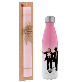 Pulp Fiction 3 meter away, Easter Set, Metallic pink/white (Stainless steel) thermos, double-walled, 500ml & aromatic flat Easter candle (30cm) (PINK)