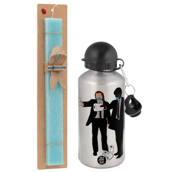 Pulp Fiction 3 meter away, Easter Set, metallic silver aluminum water bottle (500ml) & scented flat Easter candle (30cm) (TURQUOISE)