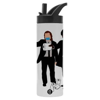 Pulp Fiction 3 meter away, Metallic thermos bottle with straw & handle, stainless steel (Stainless steel 304), double-walled, 600ml.