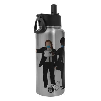 Pulp Fiction 3 meter away, Metal mug thermo Silver with Straw and Spout Lid (Stainless steel), double wall, 950ml