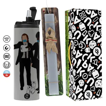 Pulp Fiction 3 meter away, Πασχαλινή Λαμπάδα με Travel Tumbler θερμό (600ml, BPA free) & κερί αρωματικό πλακέ (30cm) (ΓΚΡΙ)