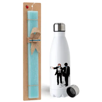 Pulp Fiction 3 meter away, Easter Set, metallic stainless steel water bottle (750ml) & aromatic flat Easter candle (30cm) (TURQUOISE)