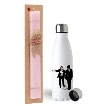 Pulp Fiction 3 meter away, Easter Set, metallic stainless steel water bottle (750ml) & scented flat Easter candle (30cm) (PINK)