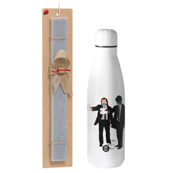 Pulp Fiction 3 meter away, Easter Set, metallic stainless thermos bottle (500ml) & scented flat Easter candle (30cm) (GRAY)
