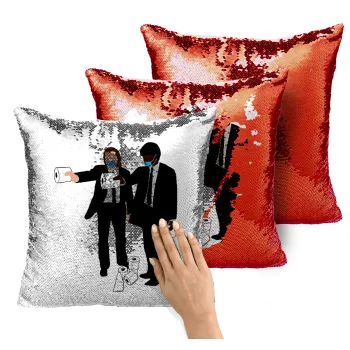 Pulp Fiction 3 meter away, Μαξιλάρι καναπέ Μαγικό Κόκκινο με πούλιες 40x40cm περιέχεται το γέμισμα