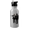 Water bottle Silver with straw, stainless steel 600ml