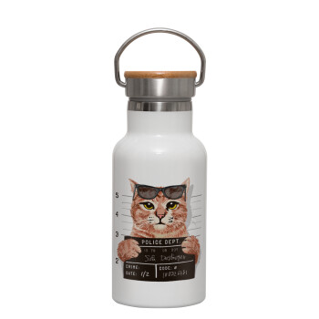 Cool cat, Metallic thermos (Stainless steel) White with wooden lid (bamboo), double-walled, 350ml