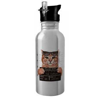 Cool cat, Water bottle Silver with straw, stainless steel 600ml