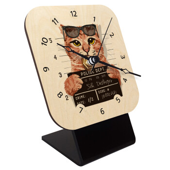 Cool cat, Quartz Table clock in natural wood (10cm)