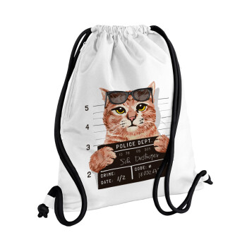 Cool cat, Τσάντα πλάτης πουγκί GYMBAG λευκή, με τσέπη (40x48cm) & χονδρά κορδόνια
