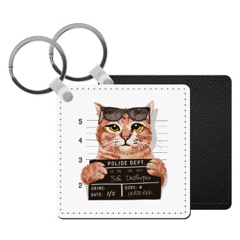 Cool cat, Μπρελόκ Δερματίνη, τετράγωνο ΜΑΥΡΟ (5x5cm)