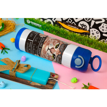Cool cat, Easter candle, Childrens hot water bottle, stainless steel, with safety straw, BLUE (500ml)