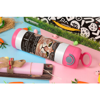 Cool cat, Easter candle, Childrens hot water bottle, stainless steel, with safety straw, PINK (500ml)