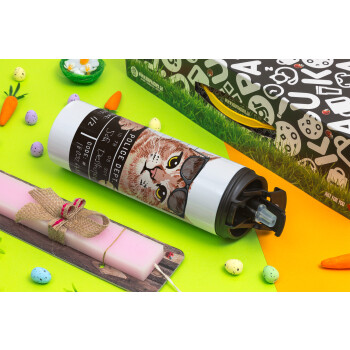 Cool cat, Easter candle,Travel Tumbler 2 Lids, with metal straw & cleaning brush & aromatic flat candle (30cm) (PINK)