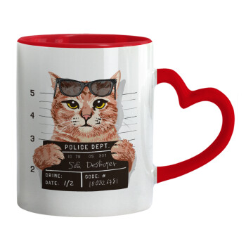 Cool cat, Κούπα καρδιά χερούλι κόκκινη, κεραμική, 330ml