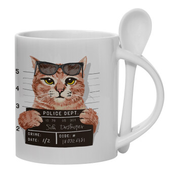 Cool cat, Ceramic coffee mug with Spoon, 330ml (1pcs)