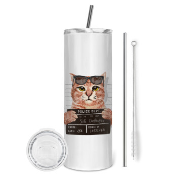 Cool cat, Eco friendly ποτήρι θερμό (tumbler) από ανοξείδωτο ατσάλι 600ml, με μεταλλικό καλαμάκι & βούρτσα καθαρισμού