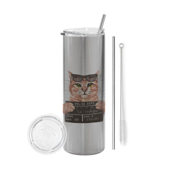 Cool cat, Eco friendly ποτήρι θερμό Ασημένιο (tumbler) από ανοξείδωτο ατσάλι 600ml, με μεταλλικό καλαμάκι & βούρτσα καθαρισμού