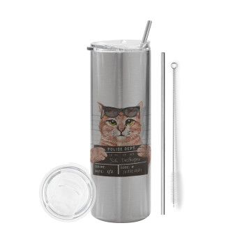 Cool cat, Tumbler stainless steel Silver 600ml, with metal straw & cleaning brush