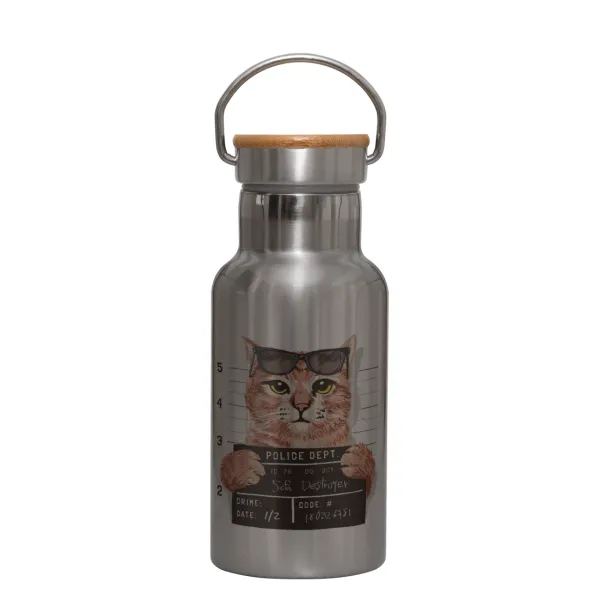 Cool cat — Stainless steel metallic thermos flask, silver with a bamboo lid, double-walled, 350ml.