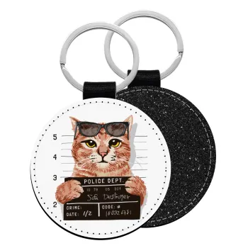 Cool cat, Μπρελόκ Δερματίνη, στρογγυλό ΜΑΥΡΟ (5cm)