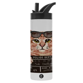 Cool cat, Metallic thermos bottle with straw & handle, stainless steel (Stainless steel 304), double-walled, 600ml.