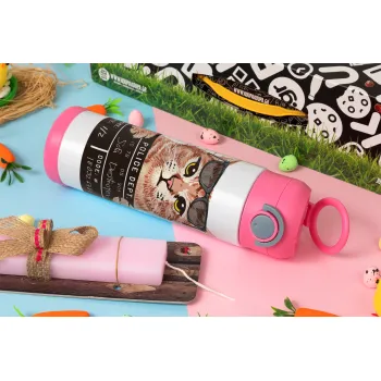 Cool cat, Πασχαλινή Λαμπάδα με Παιδικό παγούρι θερμό, ανοξείδωτο, με καλαμάκι ασφαλείας, ΡΟΖ (500ml)