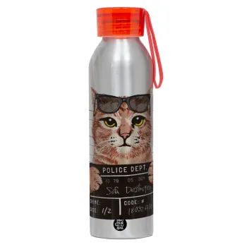 Cool cat, Αλουμινένιο Αθλητικό Μπουκάλι 650ml – Ασημί με Κόκκινο Καπάκι και Λουράκι Σιλικόνης
