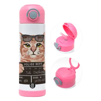 Cool cat, Children's hot water bottle, stainless steel, with safety straw, PINK (500ml)