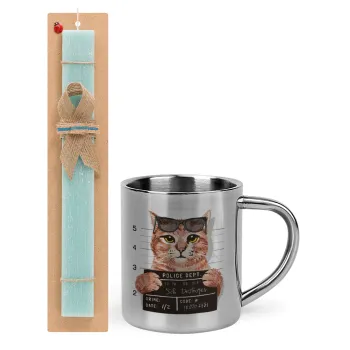 Cool cat, Easter Set, metallic thermal cup (300ml) & aromatic flat Easter candle (30cm) (TURQUOISE)