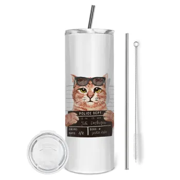 Cool cat, Tumbler ποτήρι θερμό από ανοξείδωτο ατσάλι 600ml, με μεταλλικό καλαμάκι & βούρτσα καθαρισμού