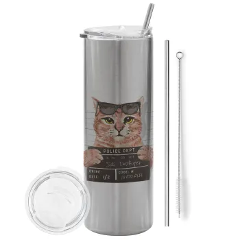 Cool cat, Tumbler stainless steel Silver 600ml, with metal straw & cleaning brush
