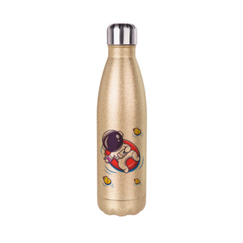 Μικρός αστροναύτης θάλασσα, Glitter gold stainless steel thermos bottle, double-walled, 500ml