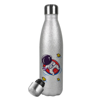 Μικρός αστροναύτης θάλασσα, Μεταλλικό παγούρι θερμός Glitter Aσημένιο (Stainless steel), διπλού τοιχώματος, 500ml