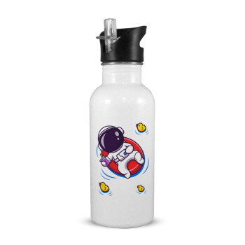 Μικρός αστροναύτης θάλασσα, White water bottle with straw, stainless steel 600ml