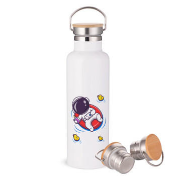 Μικρός αστροναύτης θάλασσα, Μεταλλικό παγούρι θερμός (Stainless steel) Λευκό με ξύλινο καπάκι (bamboo), διπλού τοιχώματος, 750ml