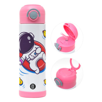 Μικρός αστροναύτης θάλασσα, Children's hot water bottle, stainless steel, with safety straw, PINK (500ml)