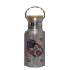 Stainless steel metallic thermos flask, silver with a bamboo lid, double-walled, 350ml.