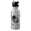 Water bottle Silver with straw, stainless steel 600ml