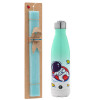 Easter Set, Metallic green/white thermos (Stainless steel), double-walled, 500ml & scented flat Easter candle (30cm) (TURQUOISE)