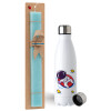 Easter Set, metallic stainless steel water bottle (750ml) & aromatic flat Easter candle (30cm) (TURQUOISE)