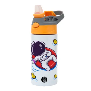 Μικρός αστροναύτης θάλασσα, Παιδικό παγούρι θερμό, ανοξείδωτο, με καλαμάκι ασφαλείας, Πορτοκαλί/Γκρι (360ml) BPA-FREE