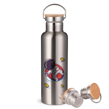 Μικρός αστροναύτης θάλασσα, Stainless steel Silver with wooden lid (bamboo), double wall, 750ml