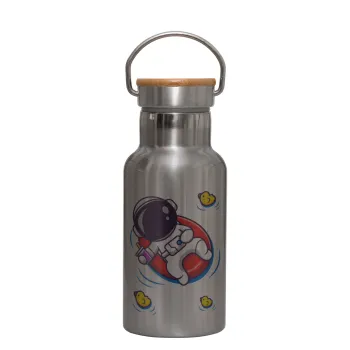 Μικρός αστροναύτης θάλασσα, Stainless steel metallic thermos flask, silver with a bamboo lid, double-walled, 350ml.