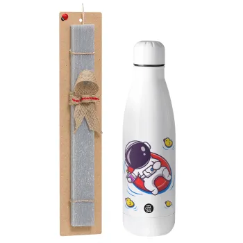 Μικρός αστροναύτης θάλασσα, Easter Set, metallic stainless thermos bottle (500ml) & scented flat Easter candle (30cm) (GRAY)