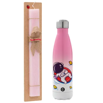 Μικρός αστροναύτης θάλασσα, Easter Set, Metallic pink/white (Stainless steel) thermos, double-walled, 500ml & aromatic flat Easter candle (30cm) (PINK)