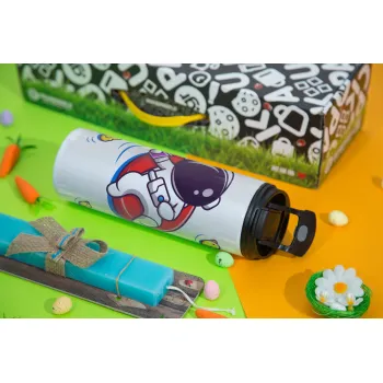 Μικρός αστροναύτης θάλασσα, Easter candle,Travel Tumbler 2 Lids, with metal straw & cleaning brush & aromatic flat candle (30cm) (BLUE)